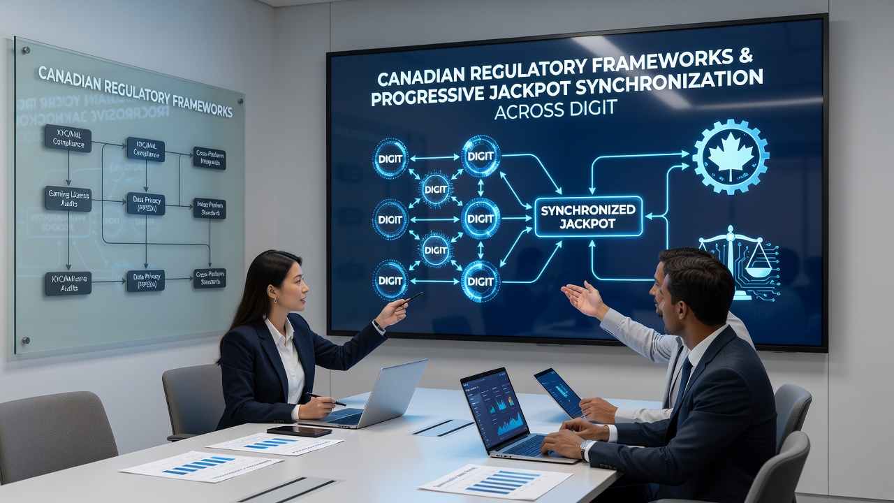 Network architecture schematic showing segmented progressive jackpot pools across Canadian provinces with compliance checkpoints